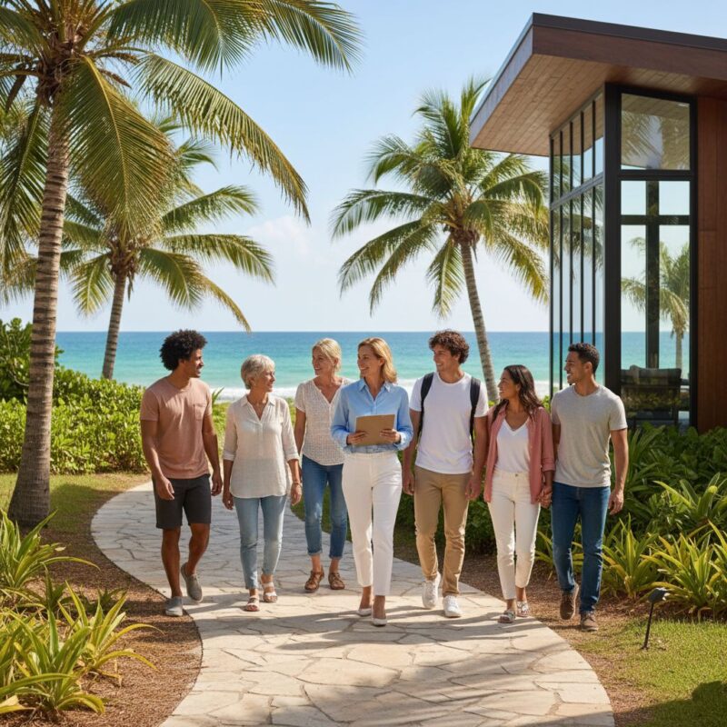 Serene pathway to modern detox facility in Florida with diverse group walking, symbolizing hope, recovery, and accessible treatment.