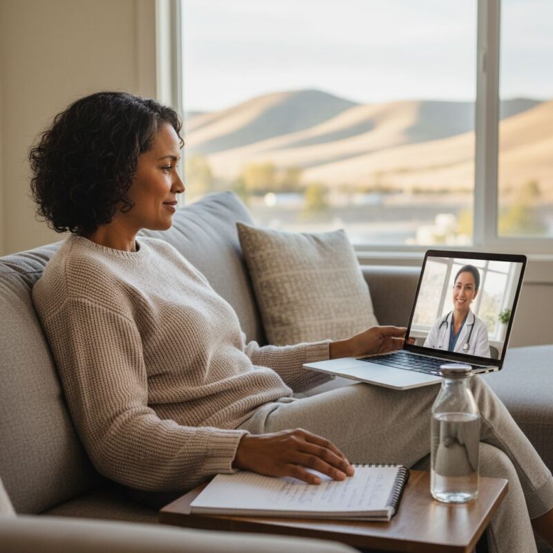Diverse middle-aged person in Boise home engaging in virtual outpatient detox session via laptop, with serene foothills view