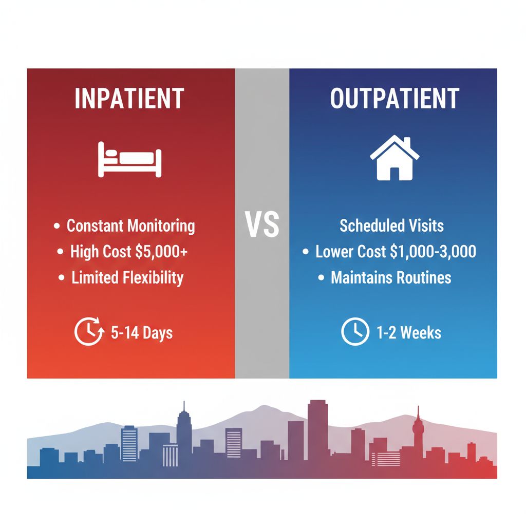 Infographic comparing inpatient and outpatient detox options with icons for costs, duration, and flexibility