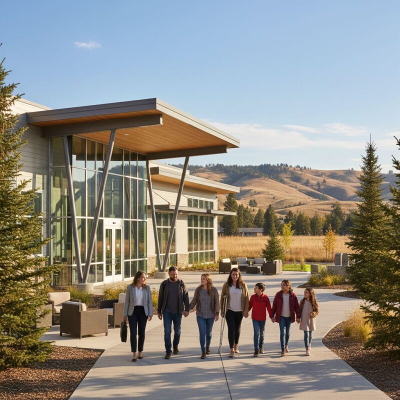 Diverse group approaching modern outpatient recovery center in Boise, Idaho, under sunny skies with foothills.