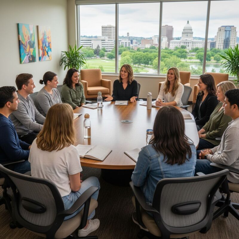 Diverse group in supportive therapy session in Boise outpatient clinic