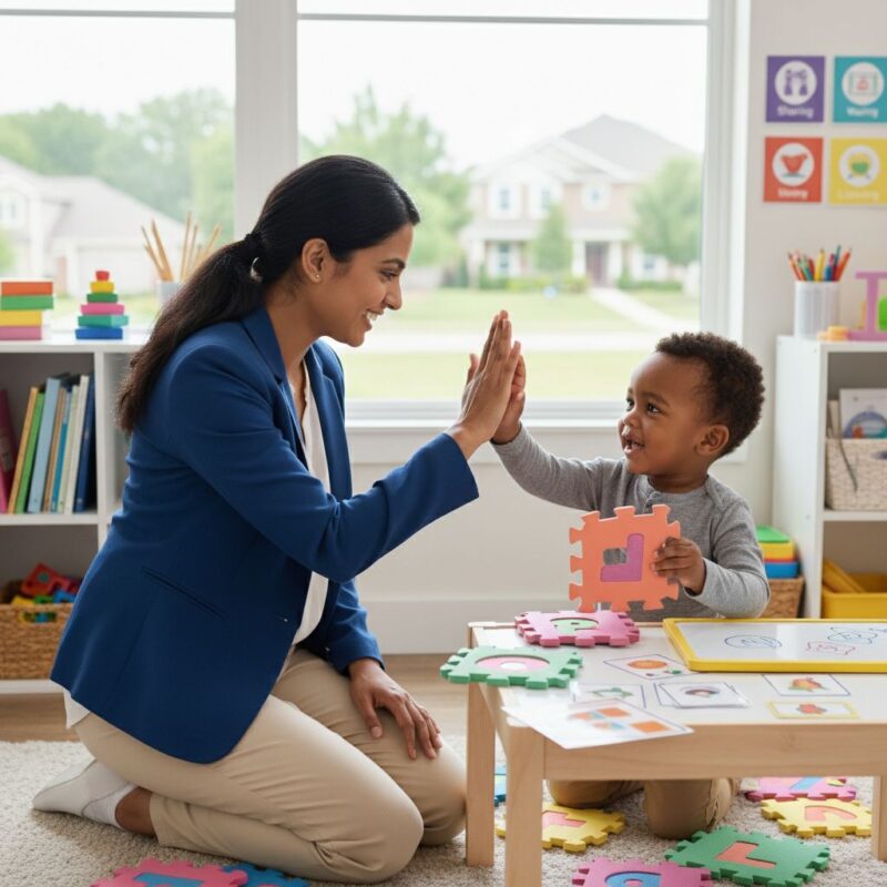 Compassionate ABA therapist engaging young child with autism in play therapy session in welcoming clinic.
