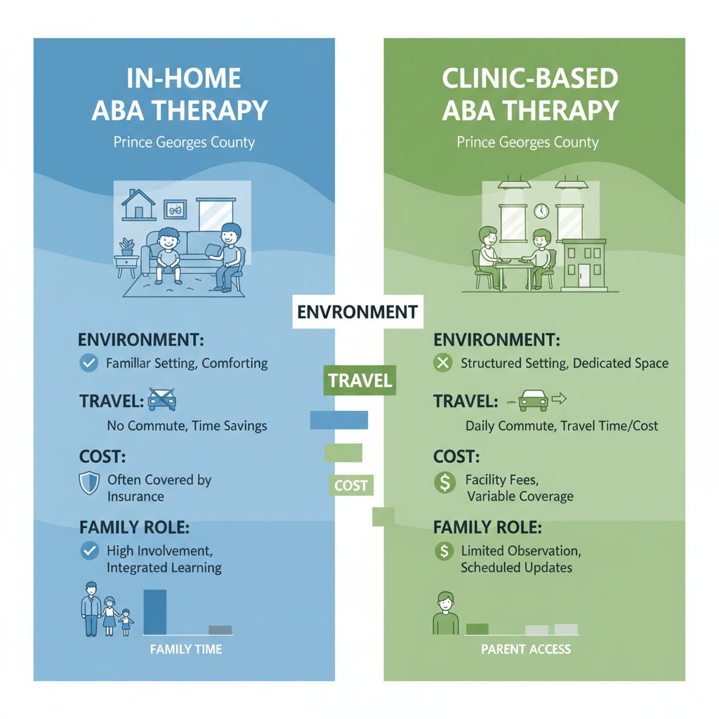 Infographic comparing in-home and clinic-based ABA therapy in Prince George's County